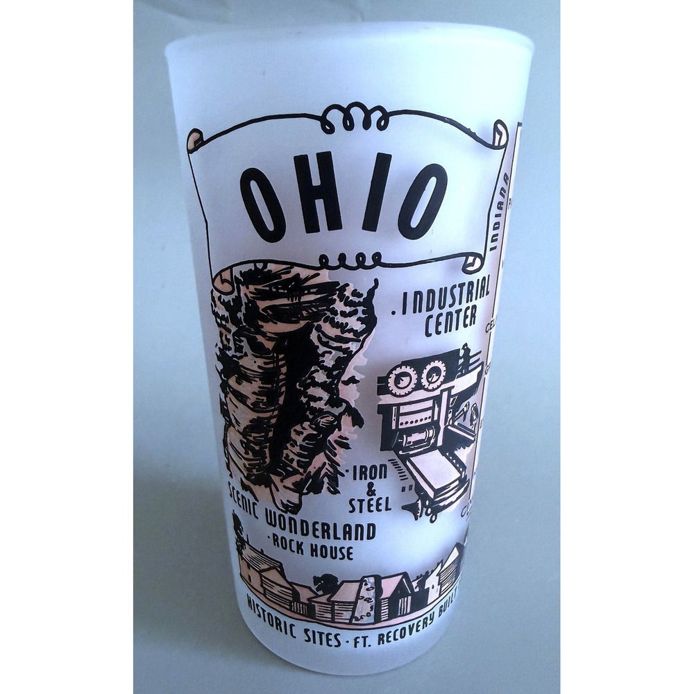 Ohio Vintage 1960s State Landmarks Frosted Glass Tumbler Enamel Paint 5"